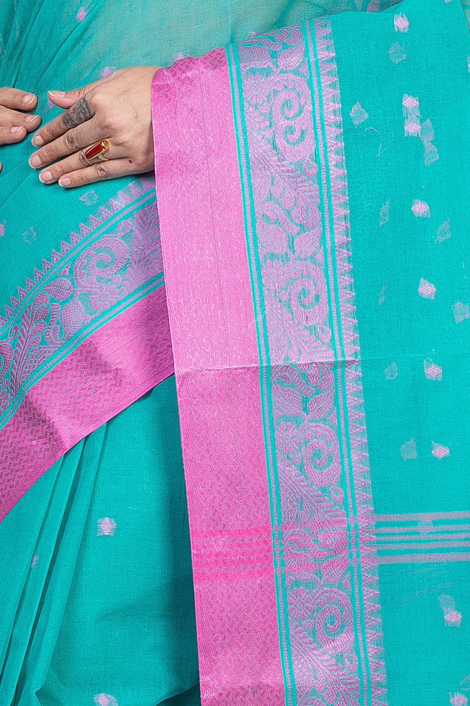 Olive Green Pure Cotton Sorbori Tant Saree (857)